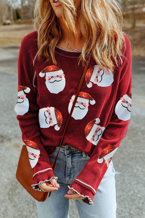 Sequin Santa Claus Graphic Textured Long Sleeve Top